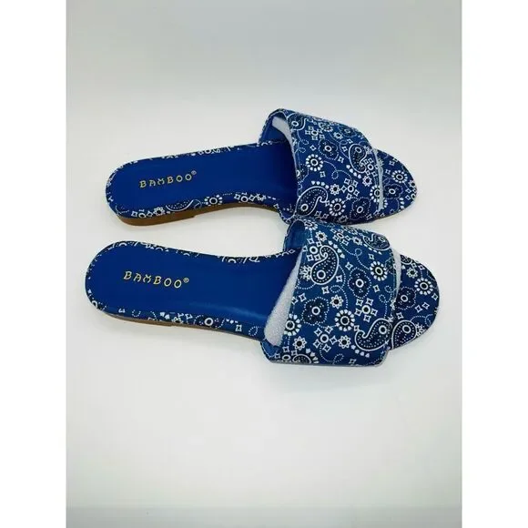 Bamboo Zest-16 Women's Blue Bandana Print Flat Sandals Size 7 New - Picture 4 of 8